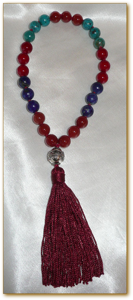 Tantric Mala ? Carnelian, Lapis, Turquoise and Red Coral With Sterling Silver Guru Bead